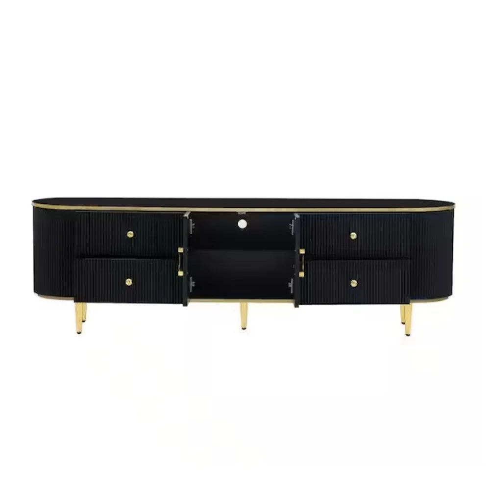 TV Stand With Vertical Groove Patterns And Gold Metal Legs Cabinet With Drawers Storage