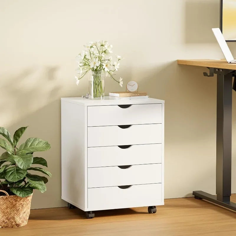 Mobile 5 Drawer Wooden Chest On Wheels For Home Office