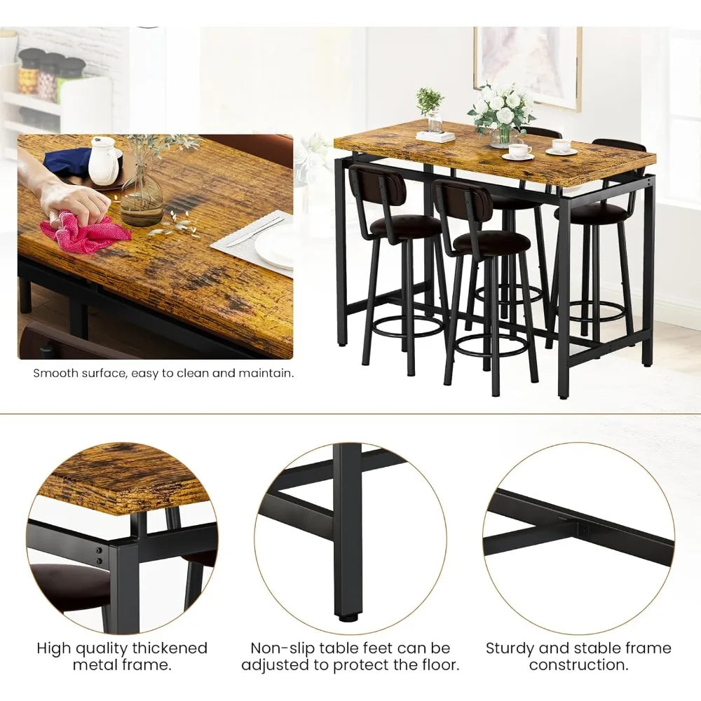 Industrial Bar Table And Four PU Leather Stools Set