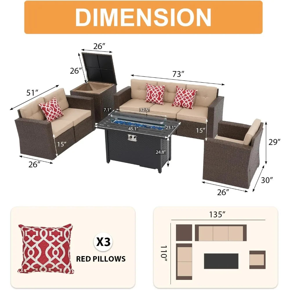 8-Piece Outdoor Rattan Patio Furniture Set With Gas Fire Pit