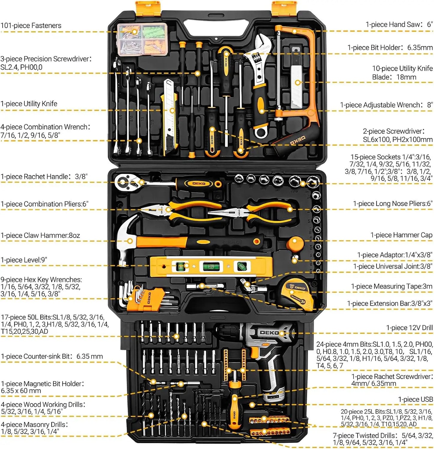 DEKODIY 12V Cordless Drill Tool Set Mechanic Toolbox With Case