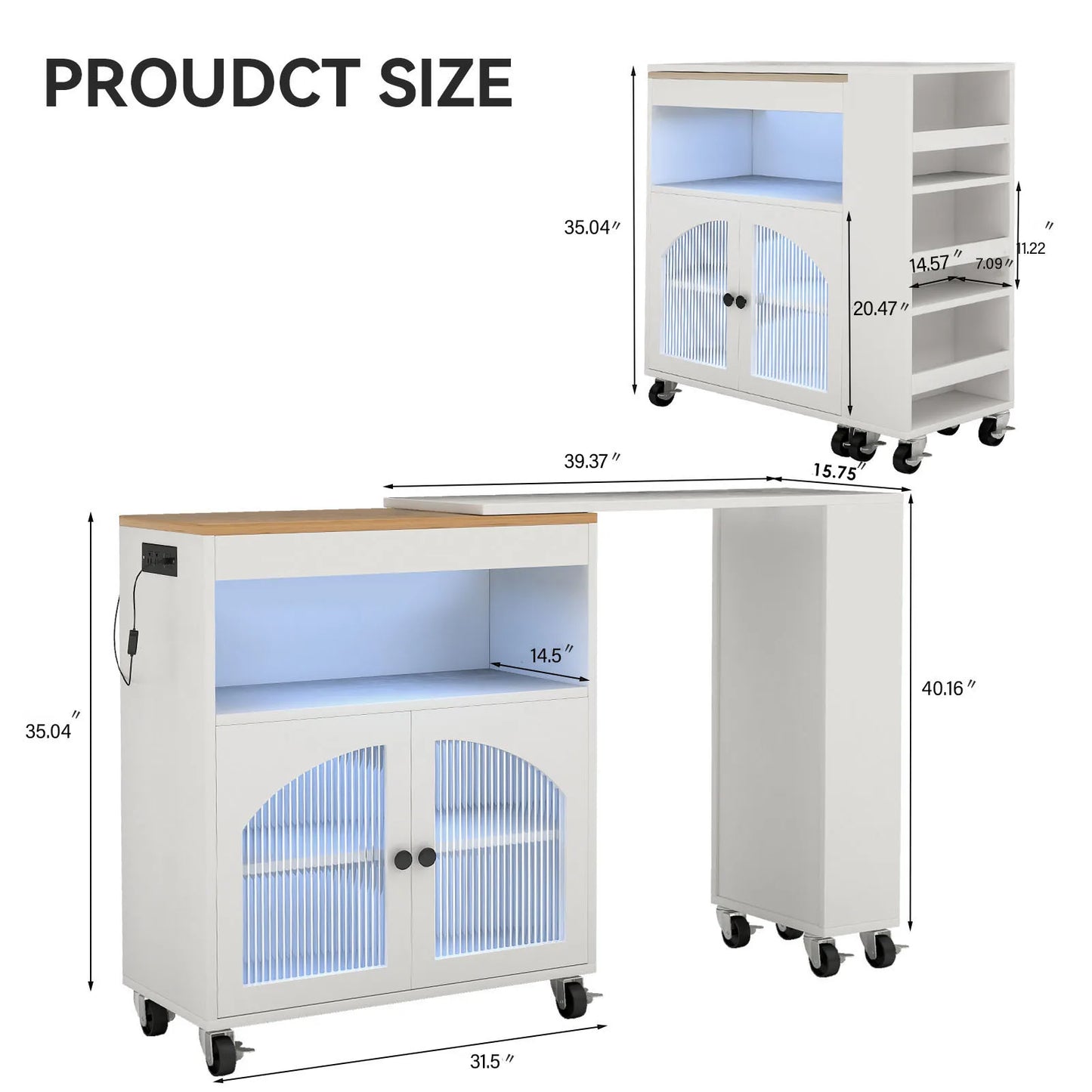 US Kitchen Island On Wheels With Extended Table MDF Cart