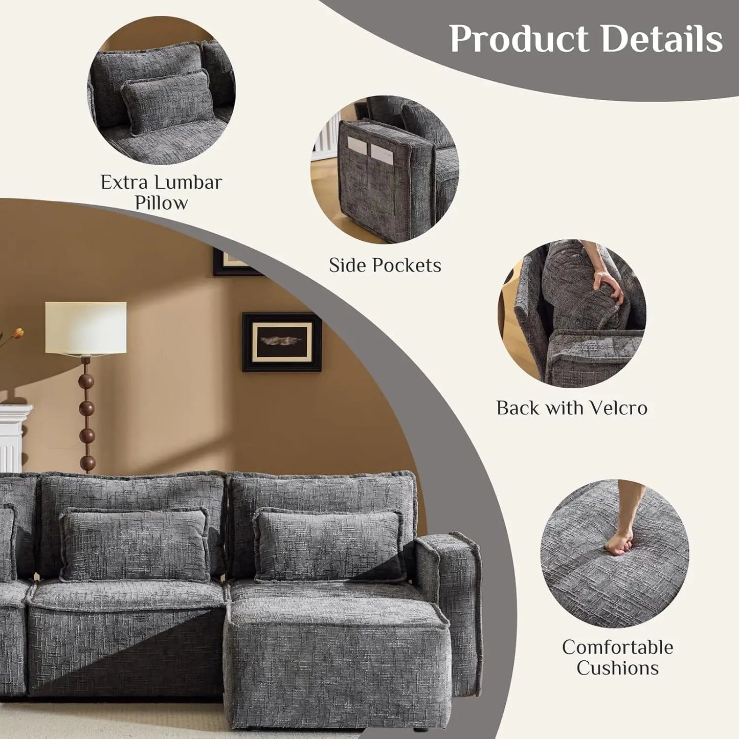 Cloud Sectional Sofa Set With Moveable Ottoman Modular L Shape Convertible Chenille