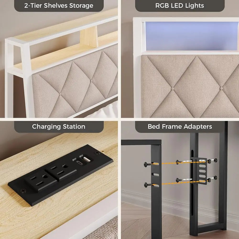 King Headboard With LED Lights And Charging Station