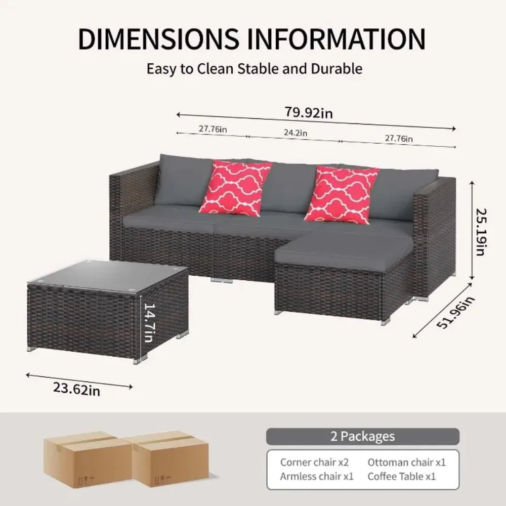 Outdoor All-Weather Garden Furniture Set Wicker Sofa With Glass Table