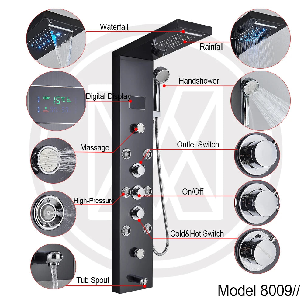MYQualife LED Light Shower Panel Digital Display Waterfall Spa Jets