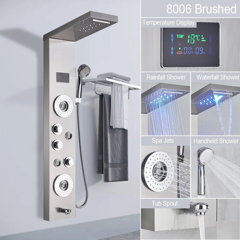 MYQualife LED Light Shower Panel Digital Display Waterfall Spa Jets