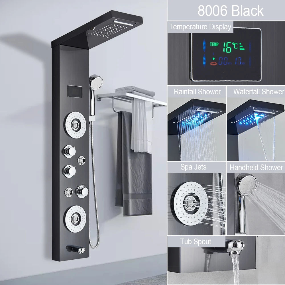 MYQualife LED Light Shower Panel Digital Display Waterfall Spa Jets
