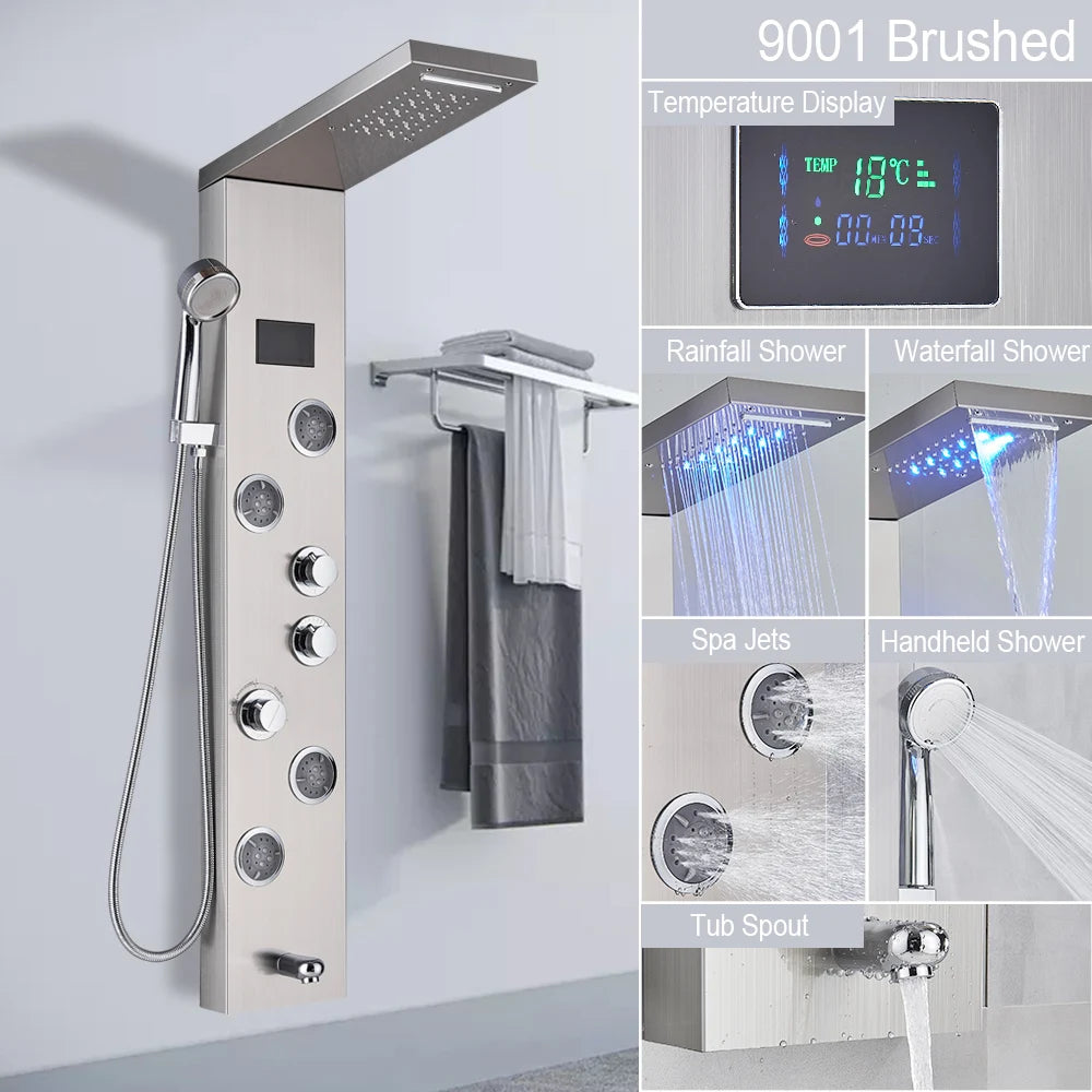 MYQualife LED Light Shower Panel Digital Display Waterfall Spa Jets