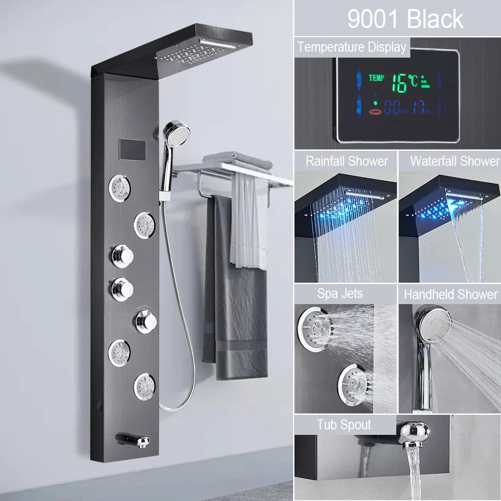 MYQualife LED Light Shower Panel Digital Display Waterfall Spa Jets