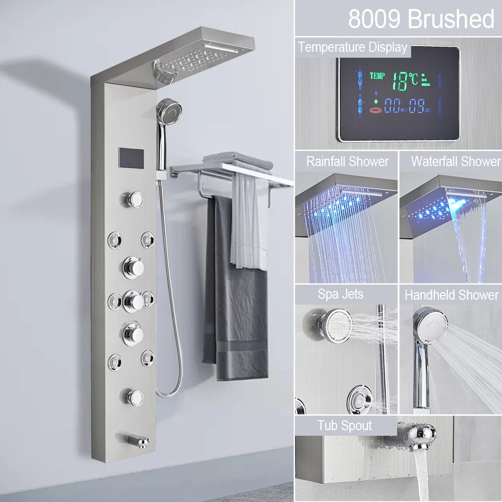 MYQualife LED Light Shower Panel Digital Display Waterfall Spa Jets