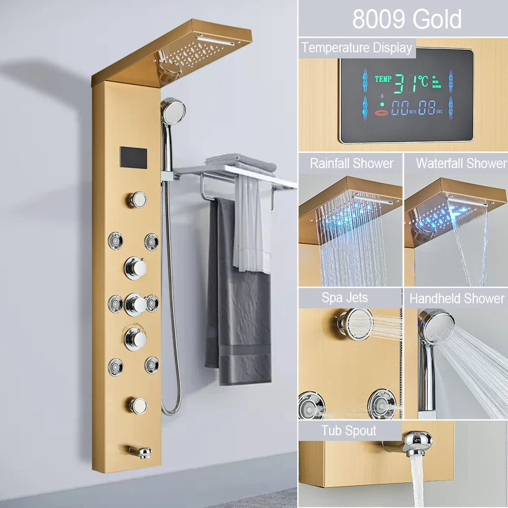 MYQualife LED Light Shower Panel Digital Display Waterfall Spa Jets