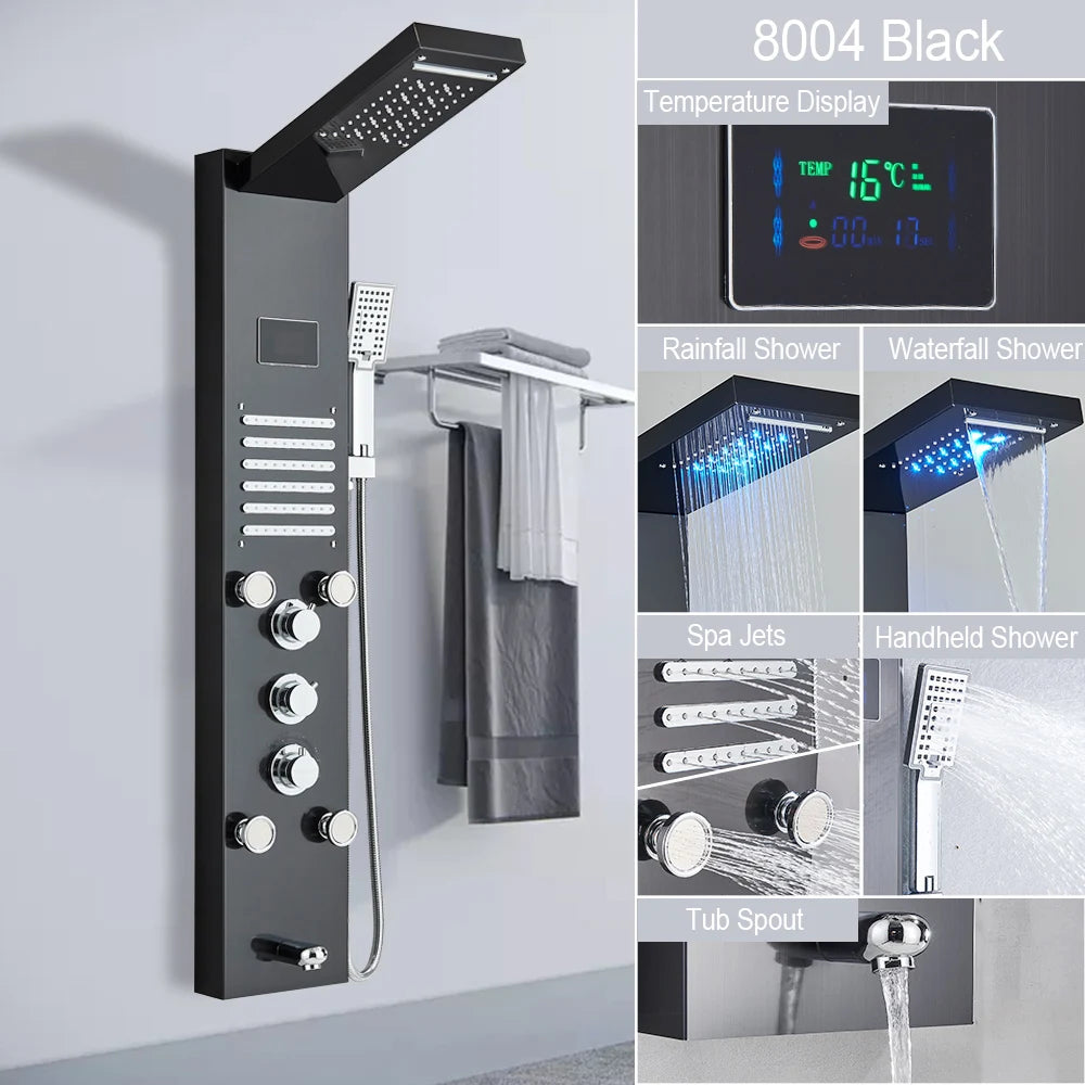 MYQualife LED Light Shower Panel Digital Display Waterfall Spa Jets