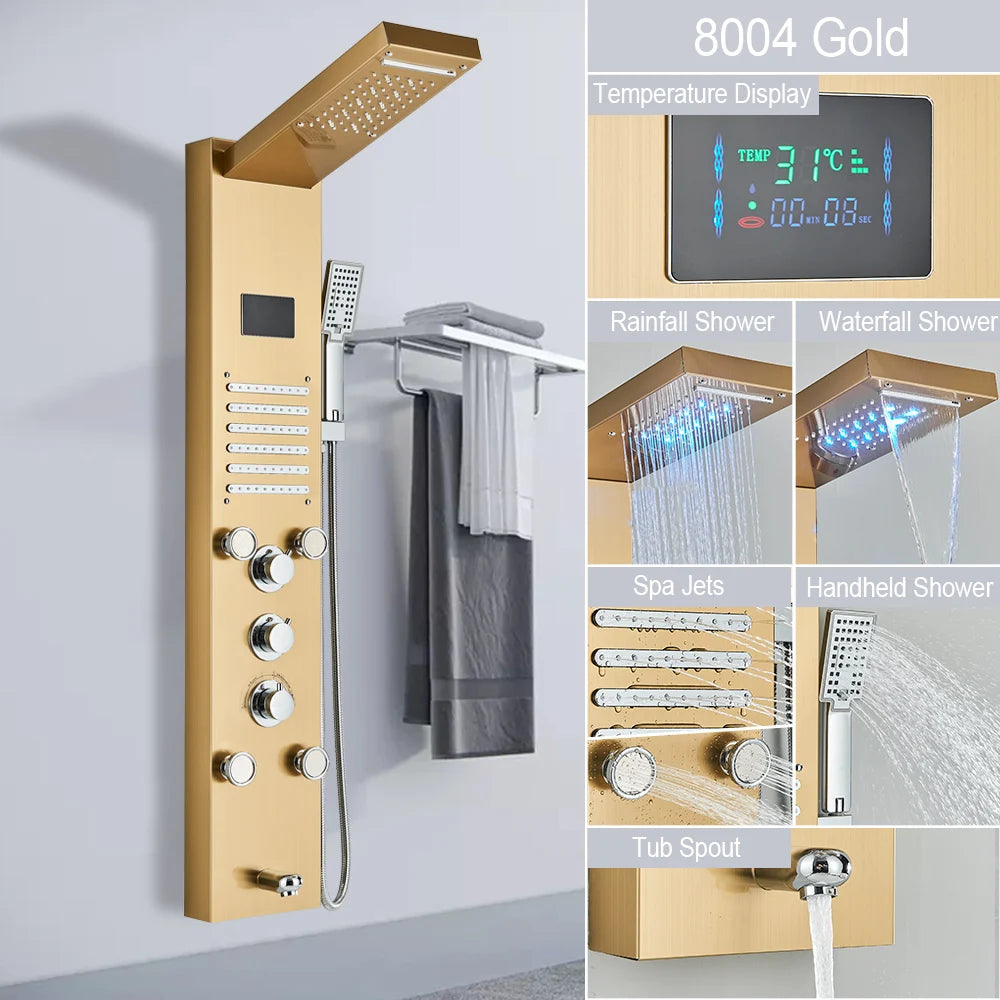 MYQualife LED Light Shower Panel Digital Display Waterfall Spa Jets