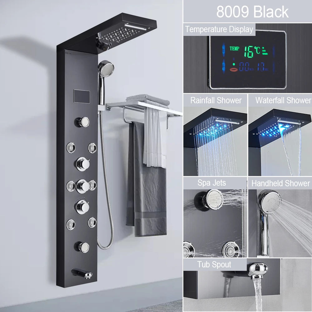 MYQualife LED Light Shower Panel Digital Display Waterfall Spa Jets
