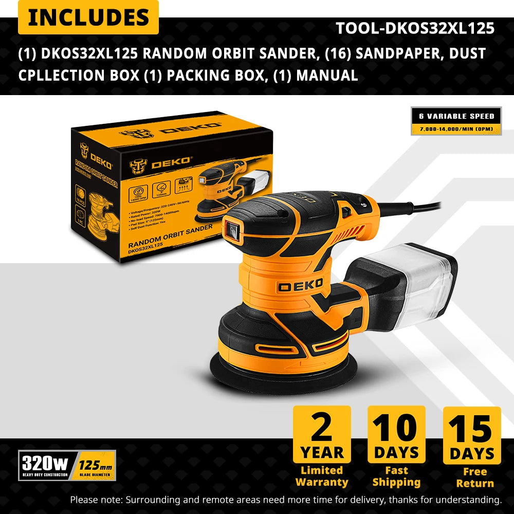 DEKO Random Orbit Sander 320W 14000 RPM Dust Collection
