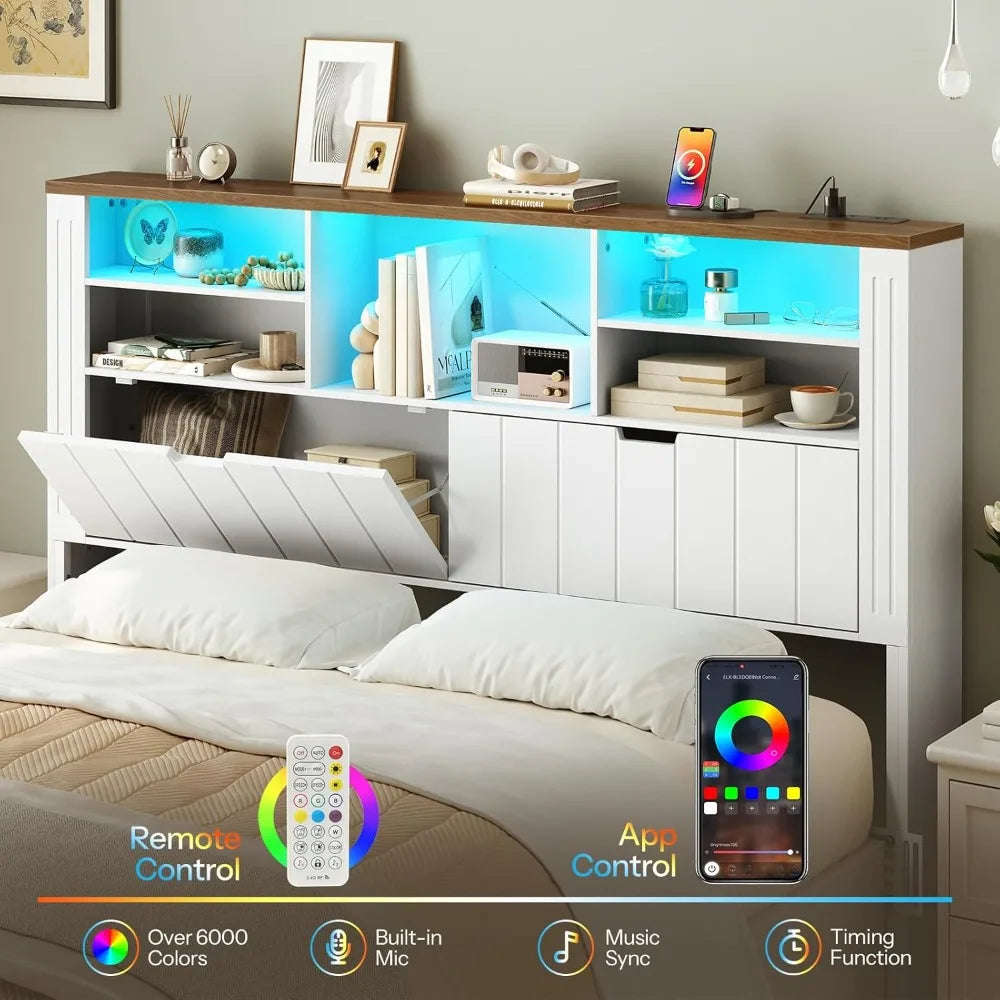 MKDK Headboard With Bookcase USB Charging LED Lights Storage