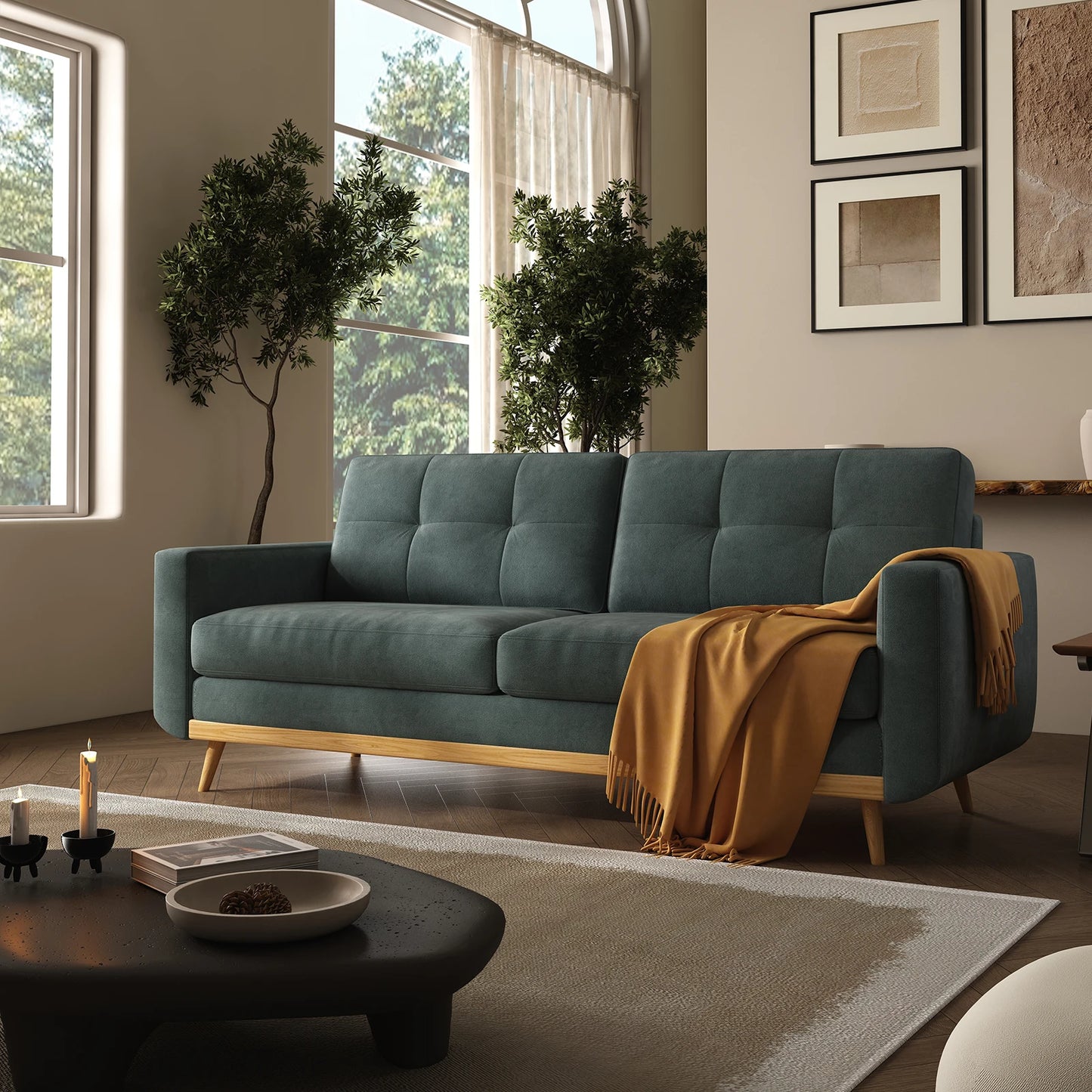 QWCCN Mid Century Modern Loveseat Sofa With Wooden Legs
