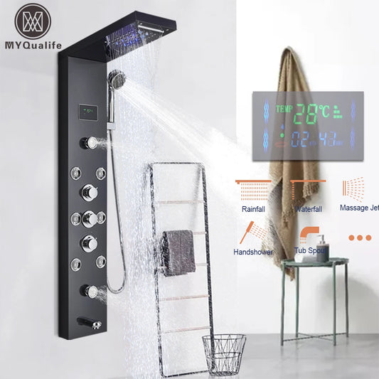 MYQualife LED Light Shower Panel Digital Display Waterfall Spa Jets
