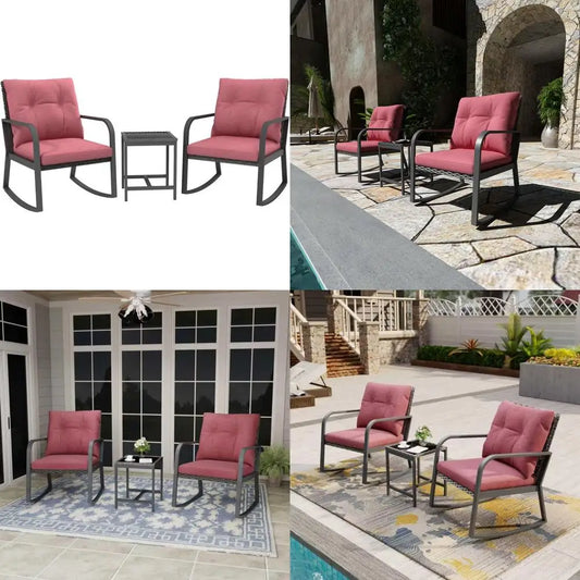3-Piece Outdoor Patio Furniture Set with Rattan Rocking Chairs, Ideal for Garden, Balcony, and Poolside in Red