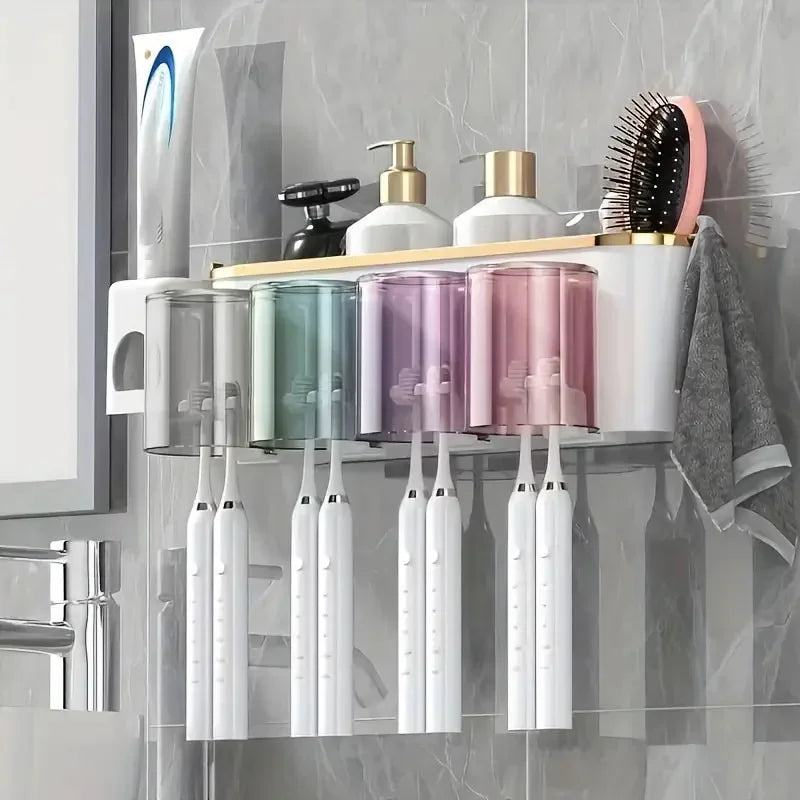 Multifunctional Toothbrush Rack and Mug Holder with Toothpaste Dispenser