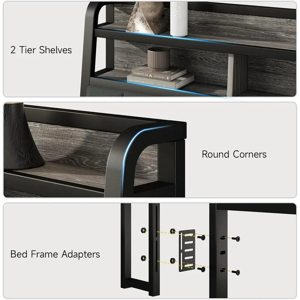 Sturdy Upholstered Headboard Storage LED Light Charging