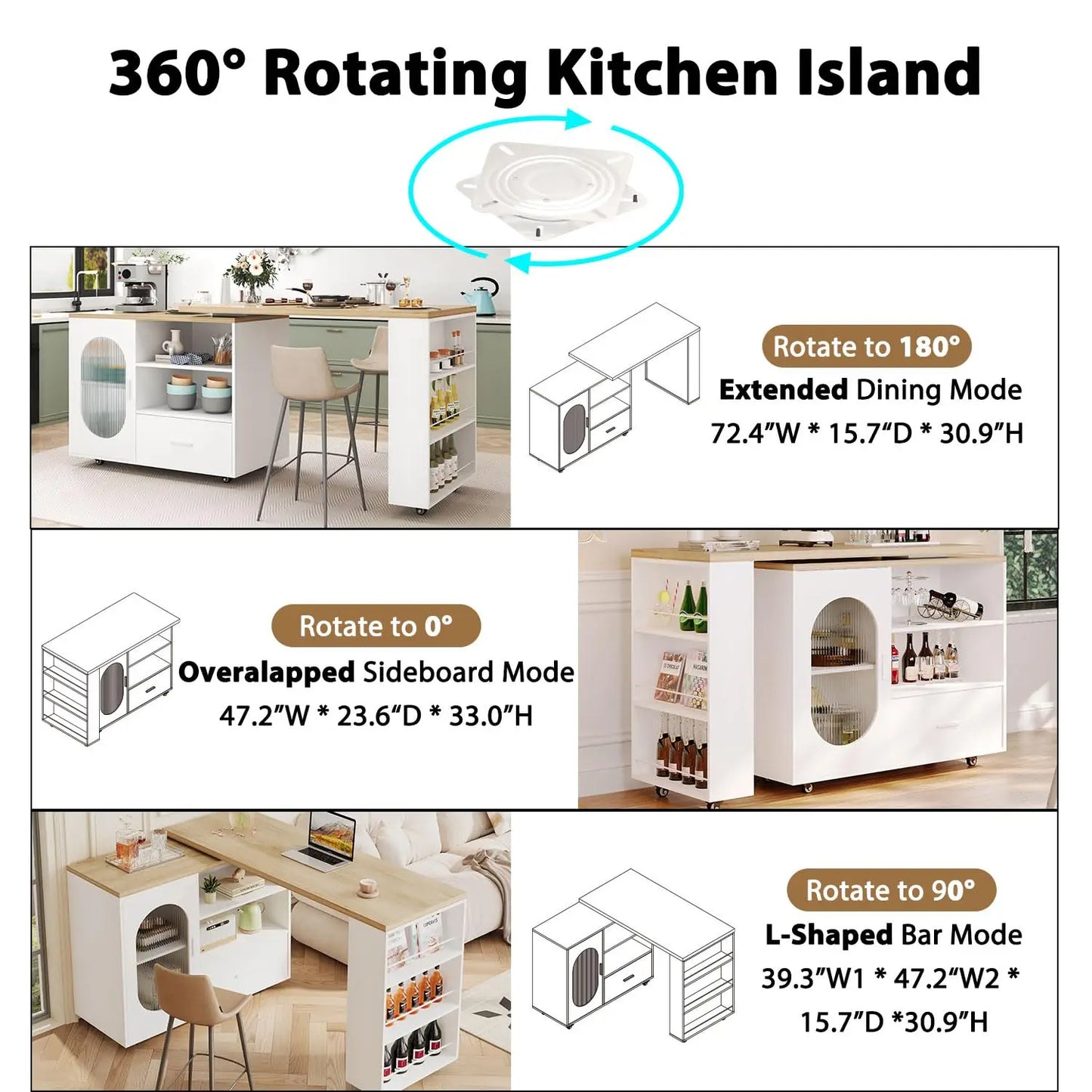72.4” Rolling Kitchen Island with Swivel Table, Storage Cabinet, Drawers & Shelves, White Modern Mobile Island Cart, Customized