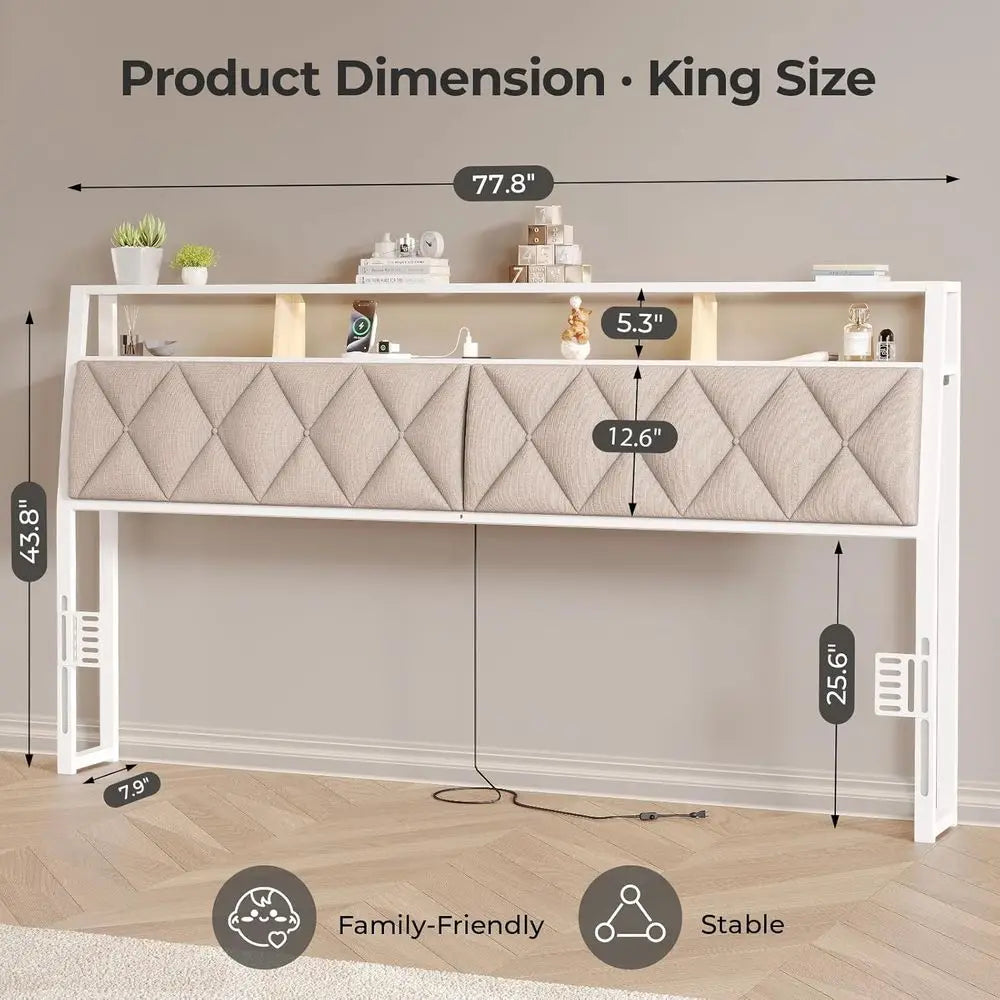 King Headboard With LED Lights And Charging Station