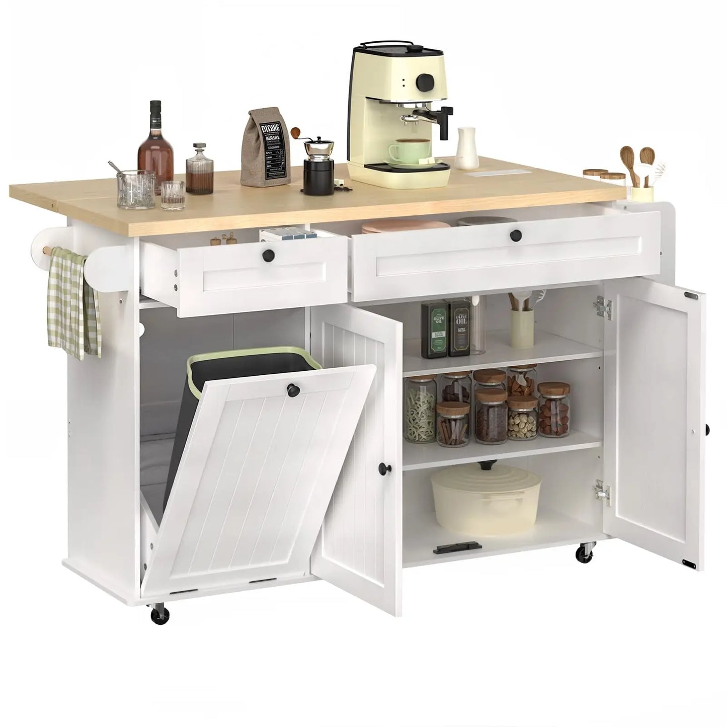 ONBRILL Mobile Kitchen Island With Drop Leaf Power Outlet Spice Rack Towel Rack Trash Drawer