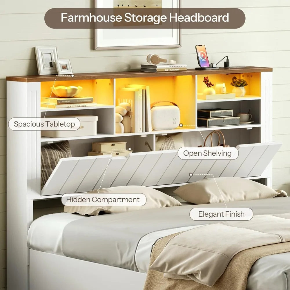 MKDK Headboard With Bookcase USB Charging LED Lights Storage