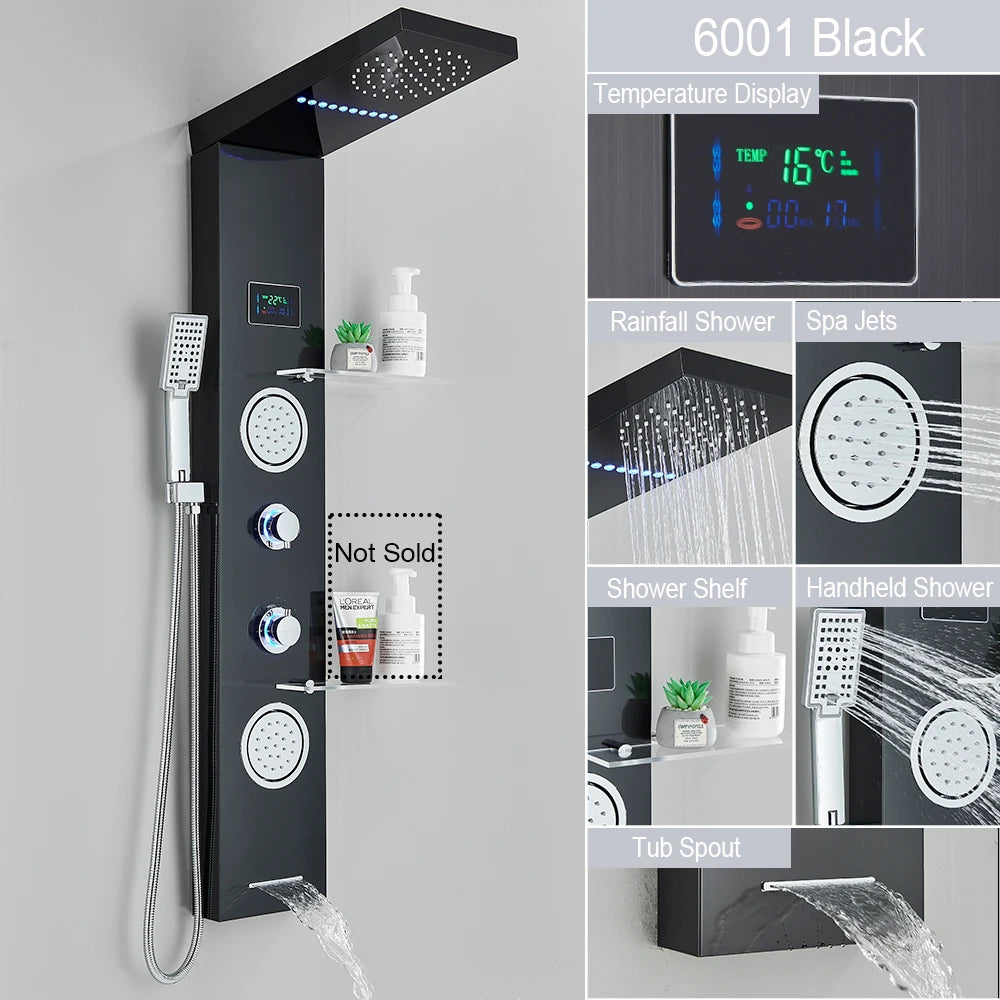 MYQualife LED Light Shower Panel Digital Display Waterfall Spa Jets