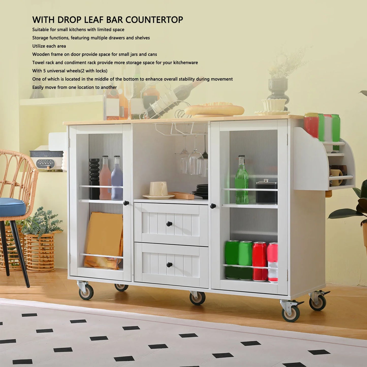 Kitchen Island On Wheels With Drop Leaf Bar Countertop And Open Storage Rack For Mobile Kitchen