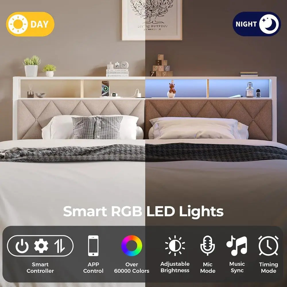 King Headboard With LED Lights And Charging Station