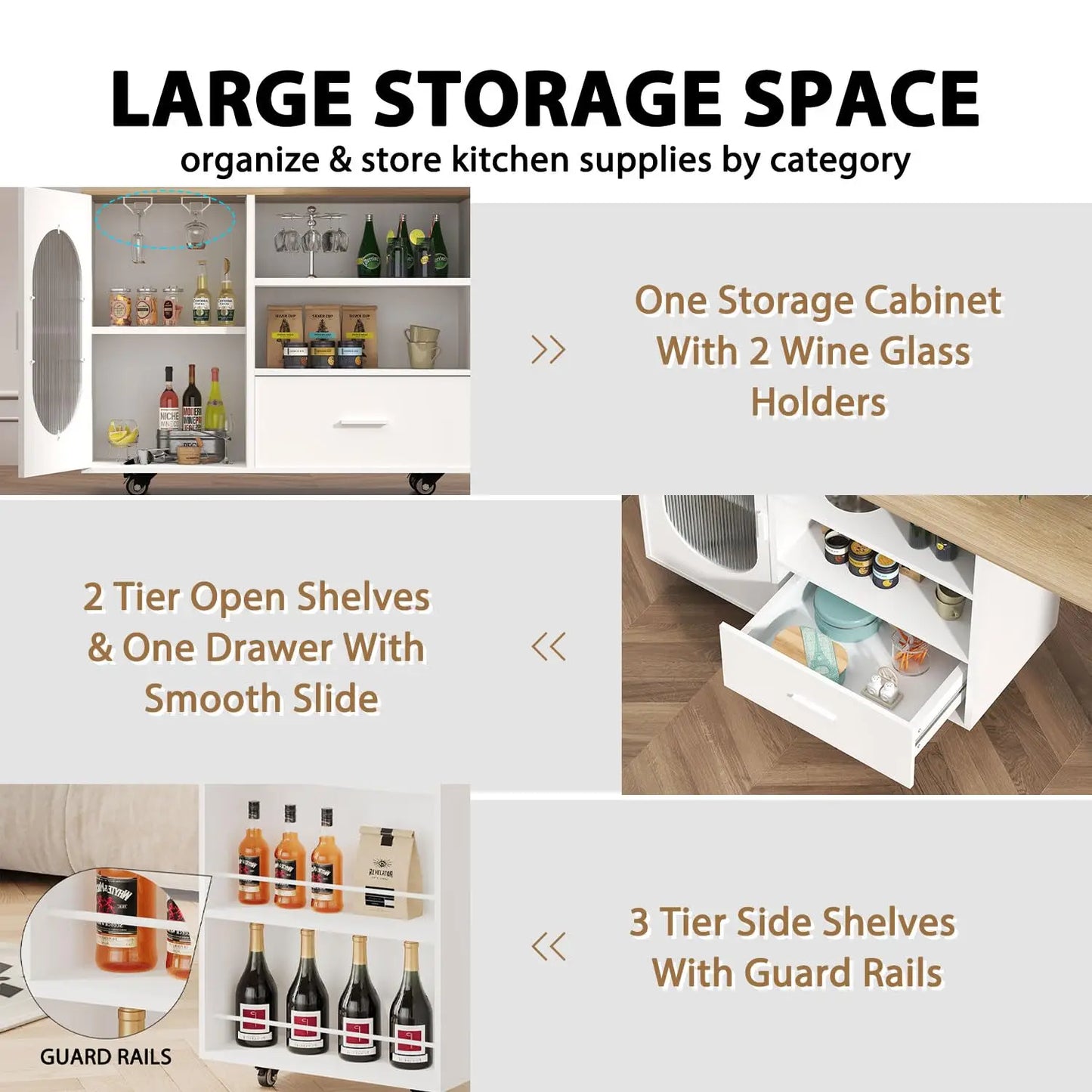 72.4” Rolling Kitchen Island with Swivel Table, Storage Cabinet, Drawers & Shelves, White Modern Mobile Island Cart, Customized