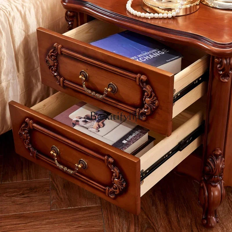 56European bedside table, American solid wood retro bedside table, bedroom storage with drawer engraving