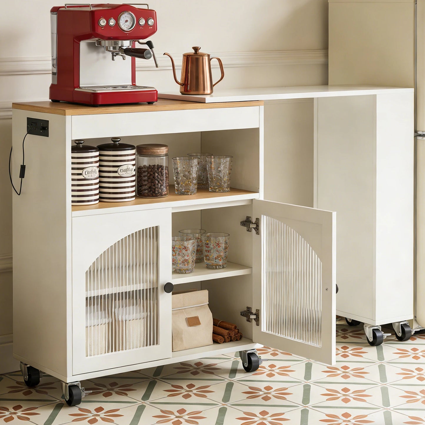 US Kitchen Island On Wheels With Extended Table MDF Cart