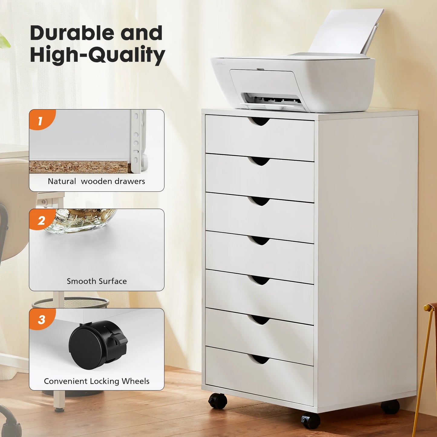 JHK 7-Drawer Chest Dresser With Rolling Wheels Nightstand