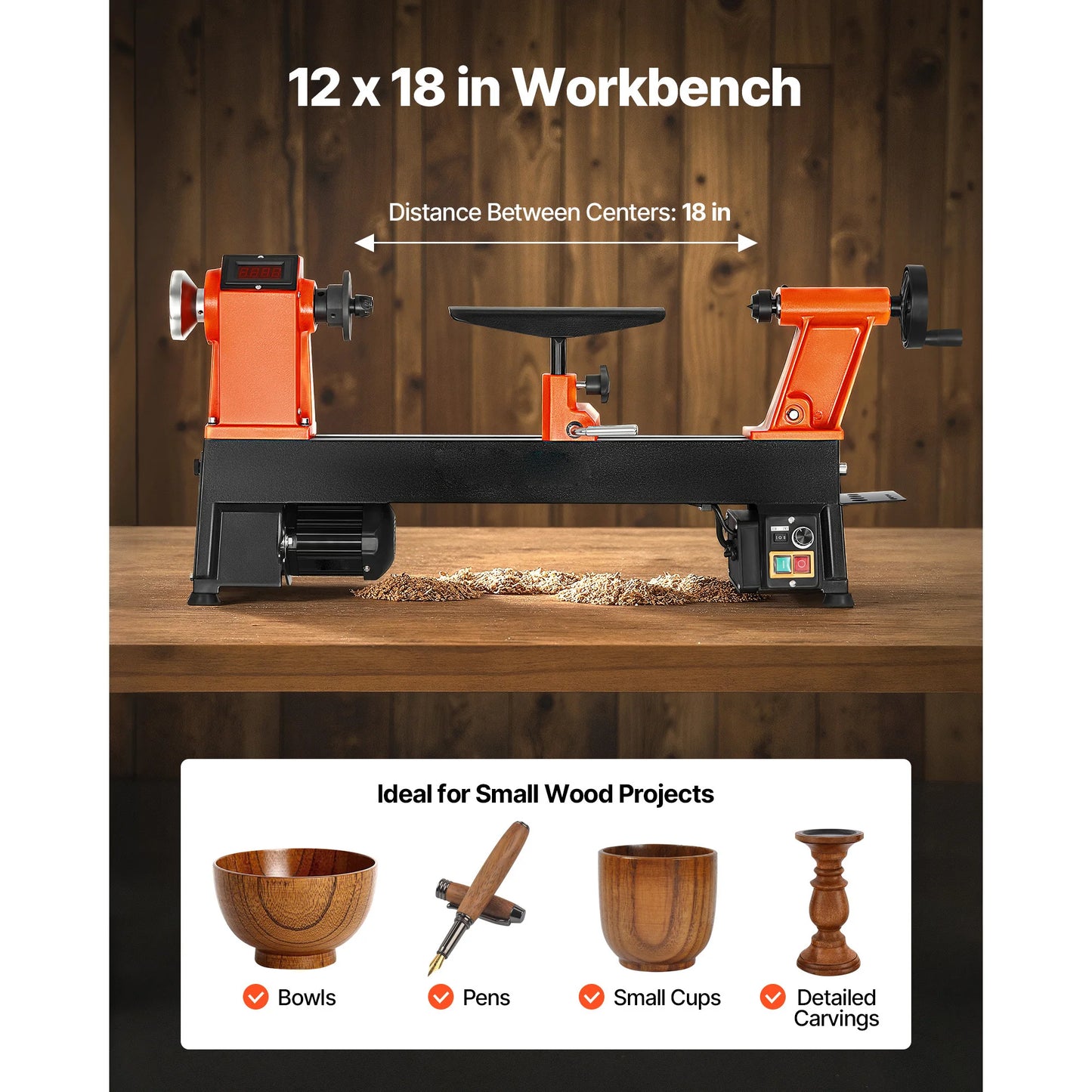 Benchtop Wood Lathe 1 HP 0-3800 RPM Variable Speed