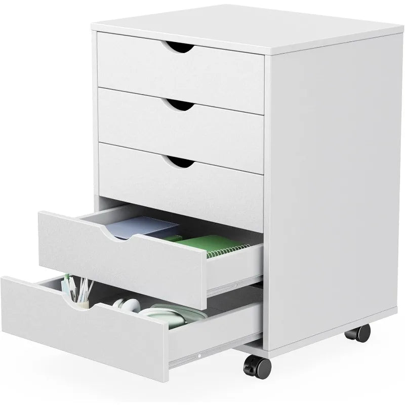 Mobile 5 Drawer Wooden Chest On Wheels For Home Office