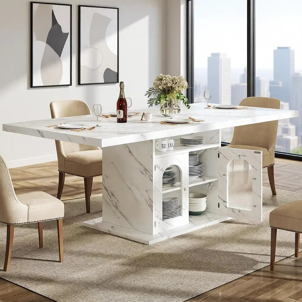 Modern Dining Table For 4-6 With Storage Shelves And Cabinet