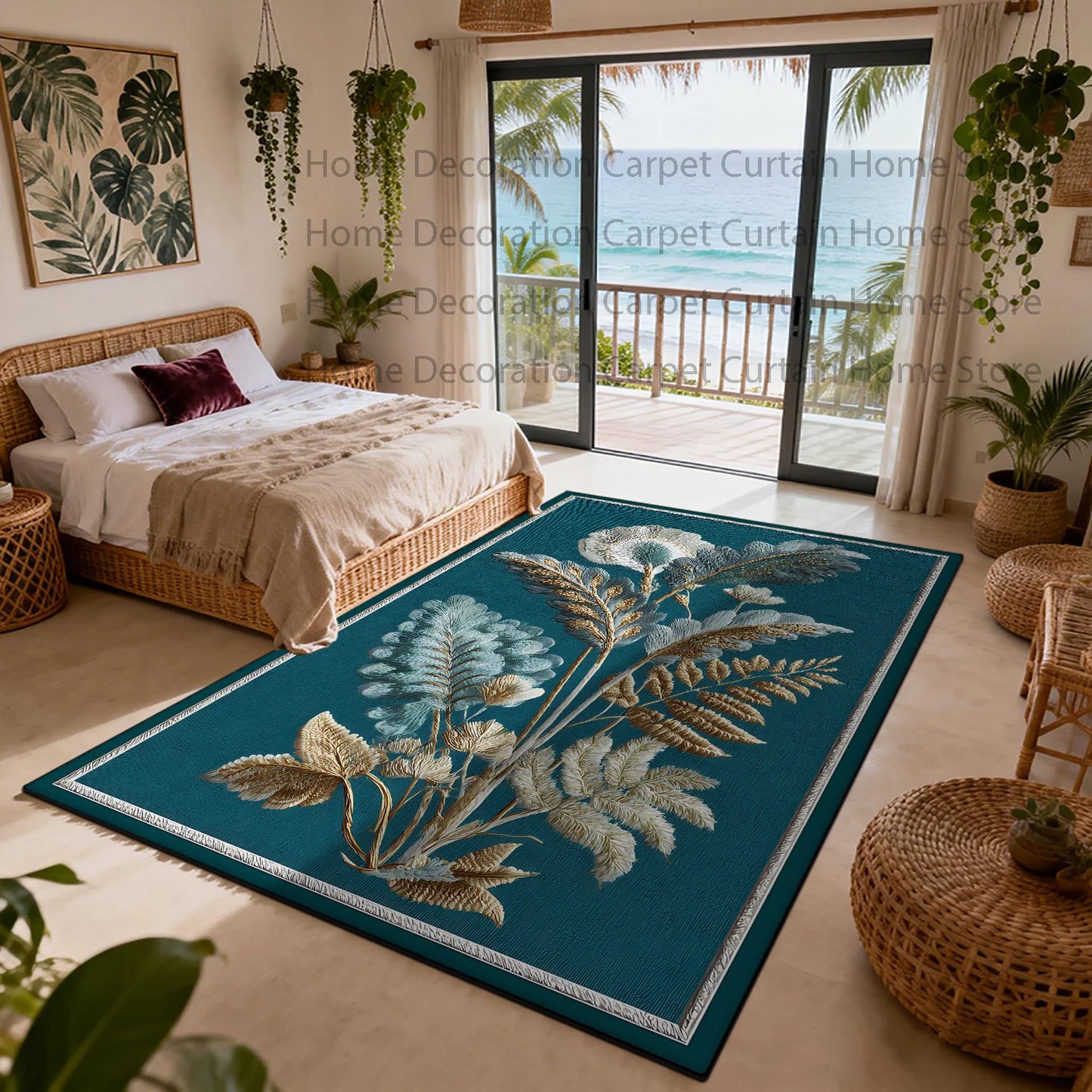Nordic Plant Pattern Non Slip Rug Soft Polyester Floor Mat