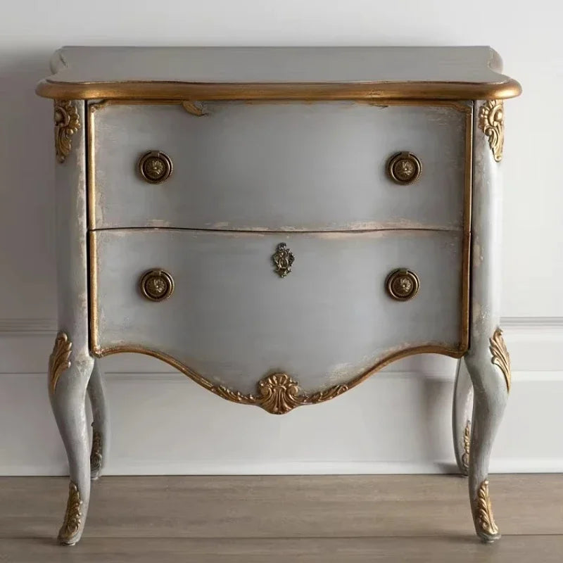 Hand-Carved French Nightstand: Solid Wood Bedside Cabinet with Floral Motifs & Lockable Storage, Blending Antique Charm & Functi