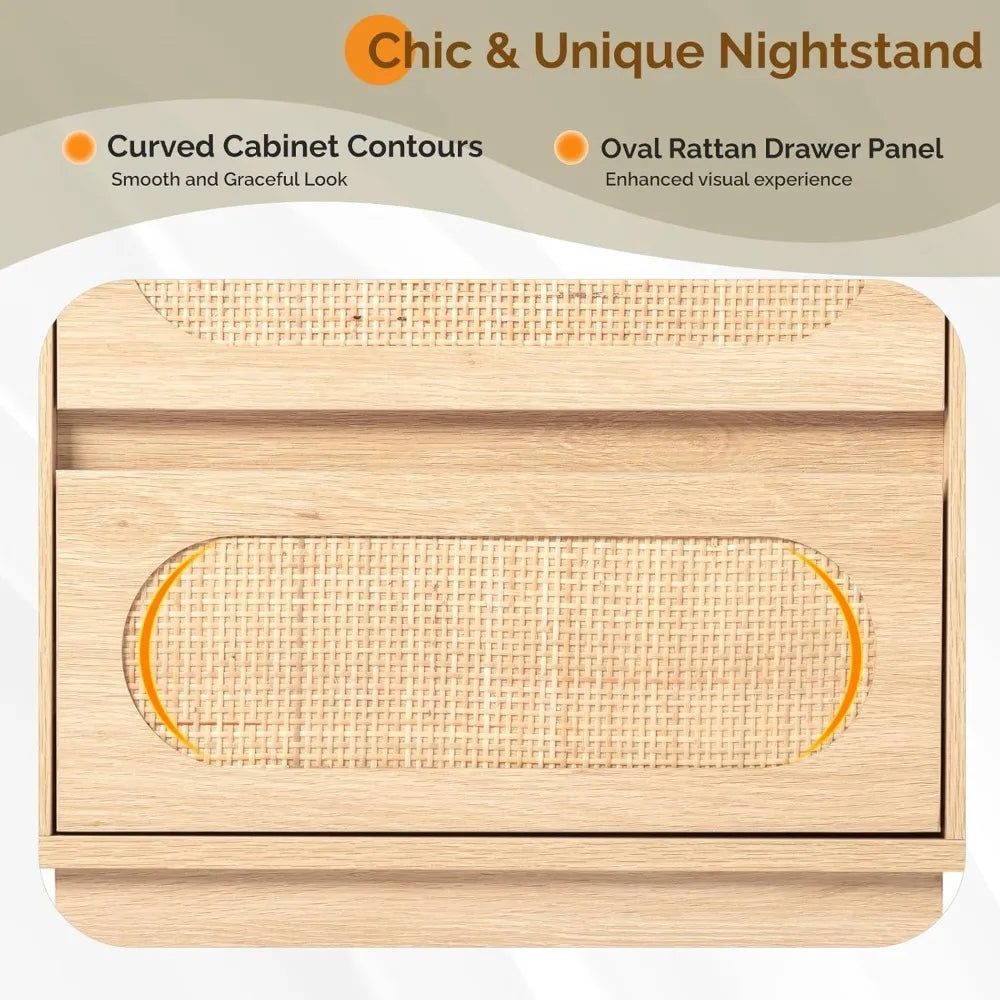Nightstand Set of 2 Rattan Nightstands With Charging Station