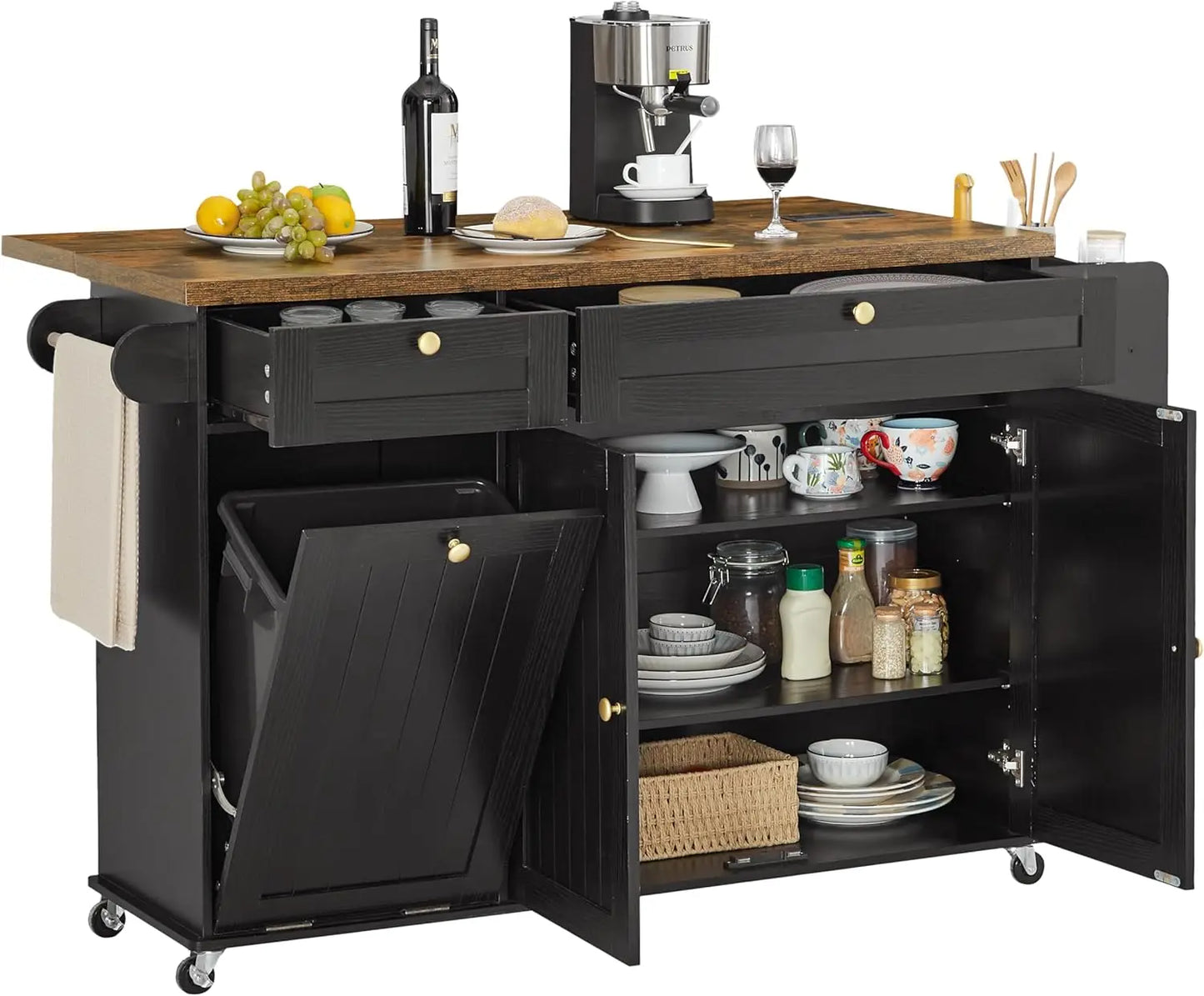 ONBRILL Mobile Kitchen Island With Drop Leaf Power Outlet Spice Rack Towel Rack Trash Drawer
