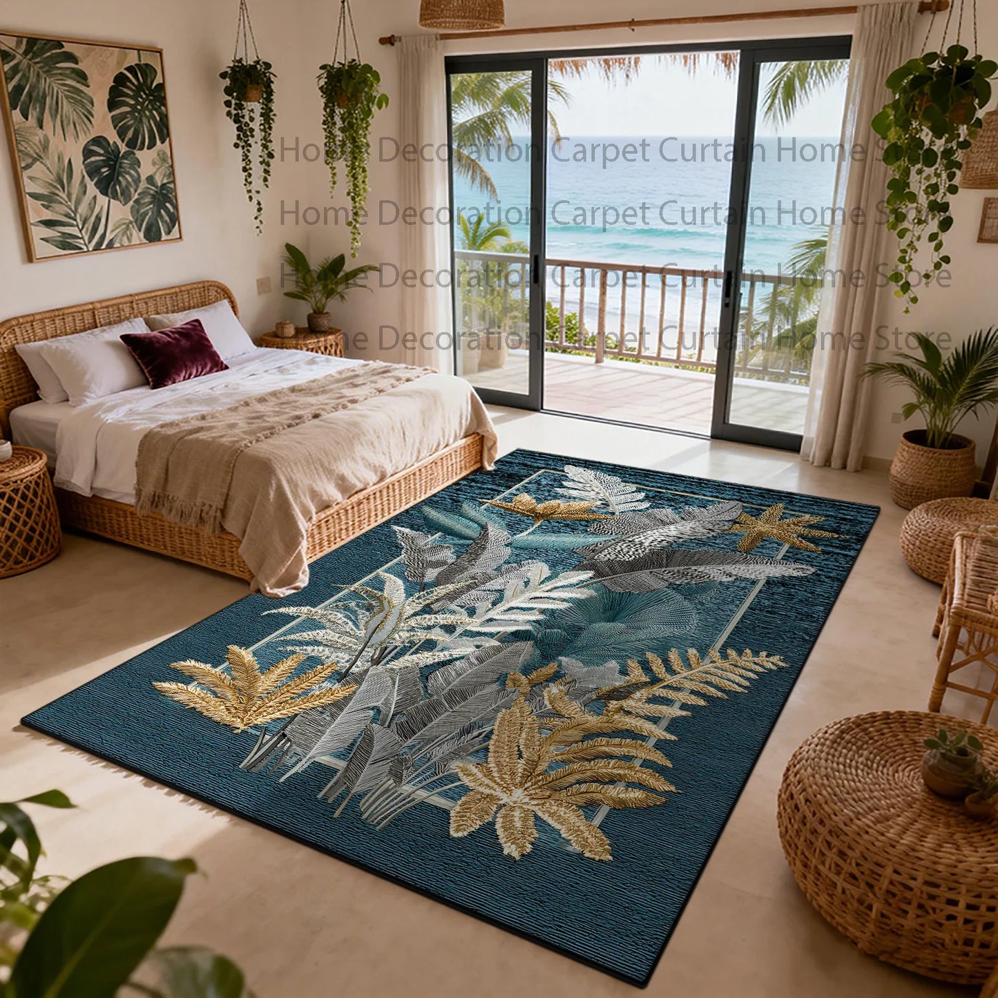 Nordic Plant Pattern Non Slip Rug Soft Polyester Floor Mat