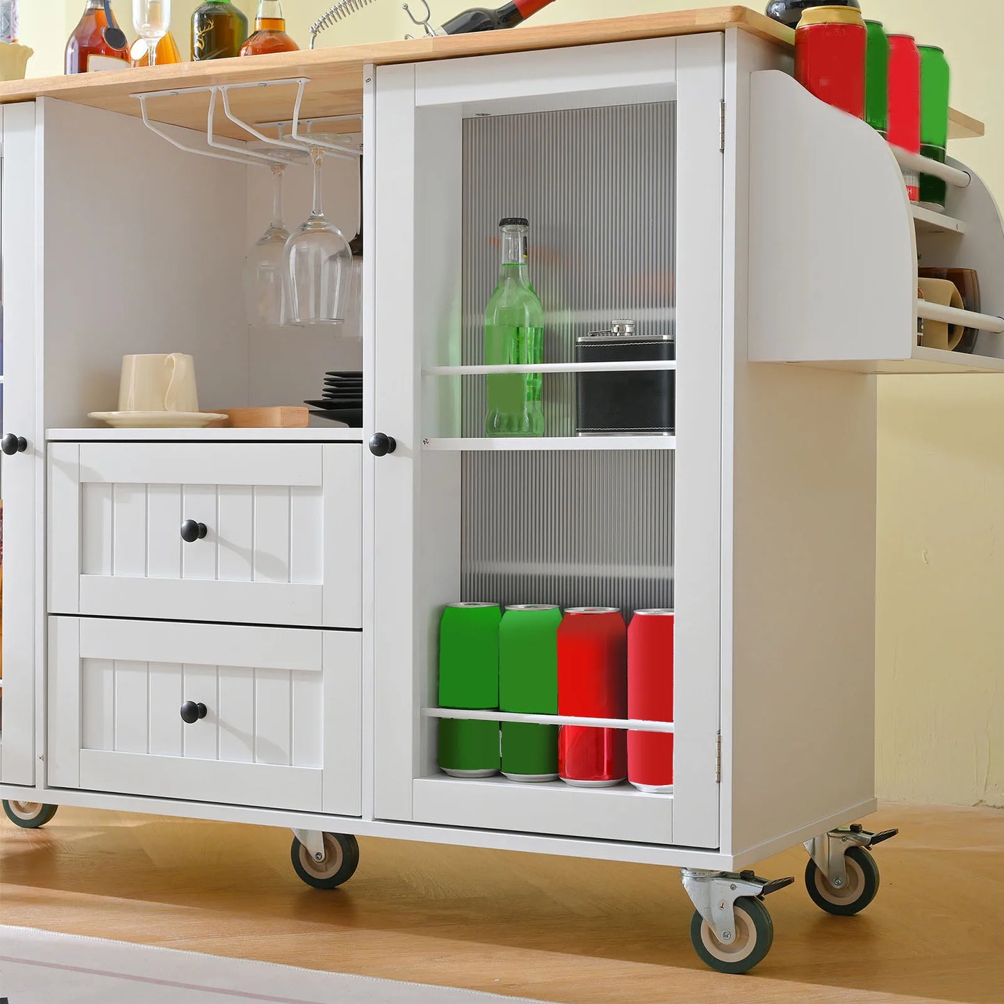 Kitchen Island On Wheels With Drop Leaf Bar Countertop And Open Storage Rack For Mobile Kitchen