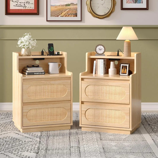 Nightstand Set of 2 Rattan Nightstands With Charging Station