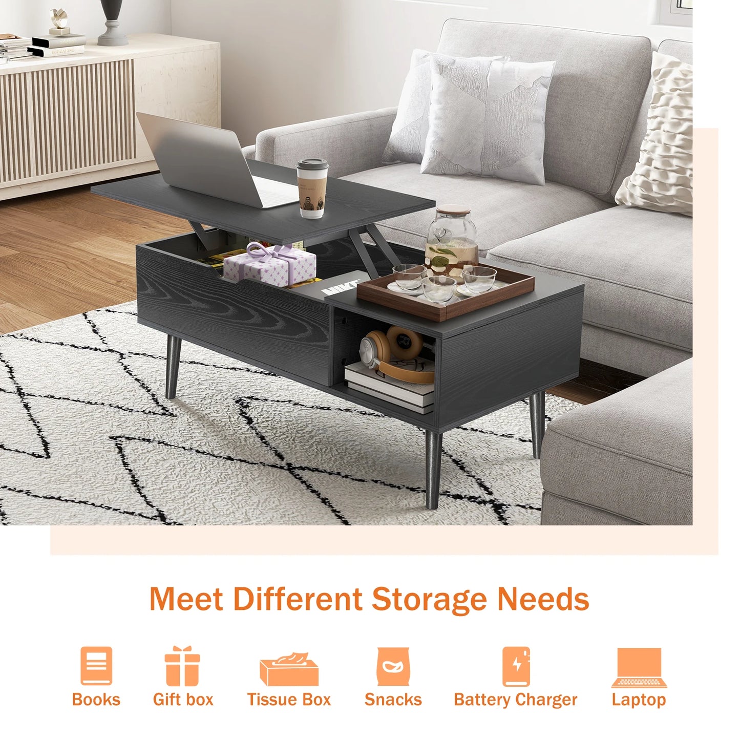 JHK Lift Top Coffee Table Deluxe Adjustable Living Room StorageSolutionMaximization