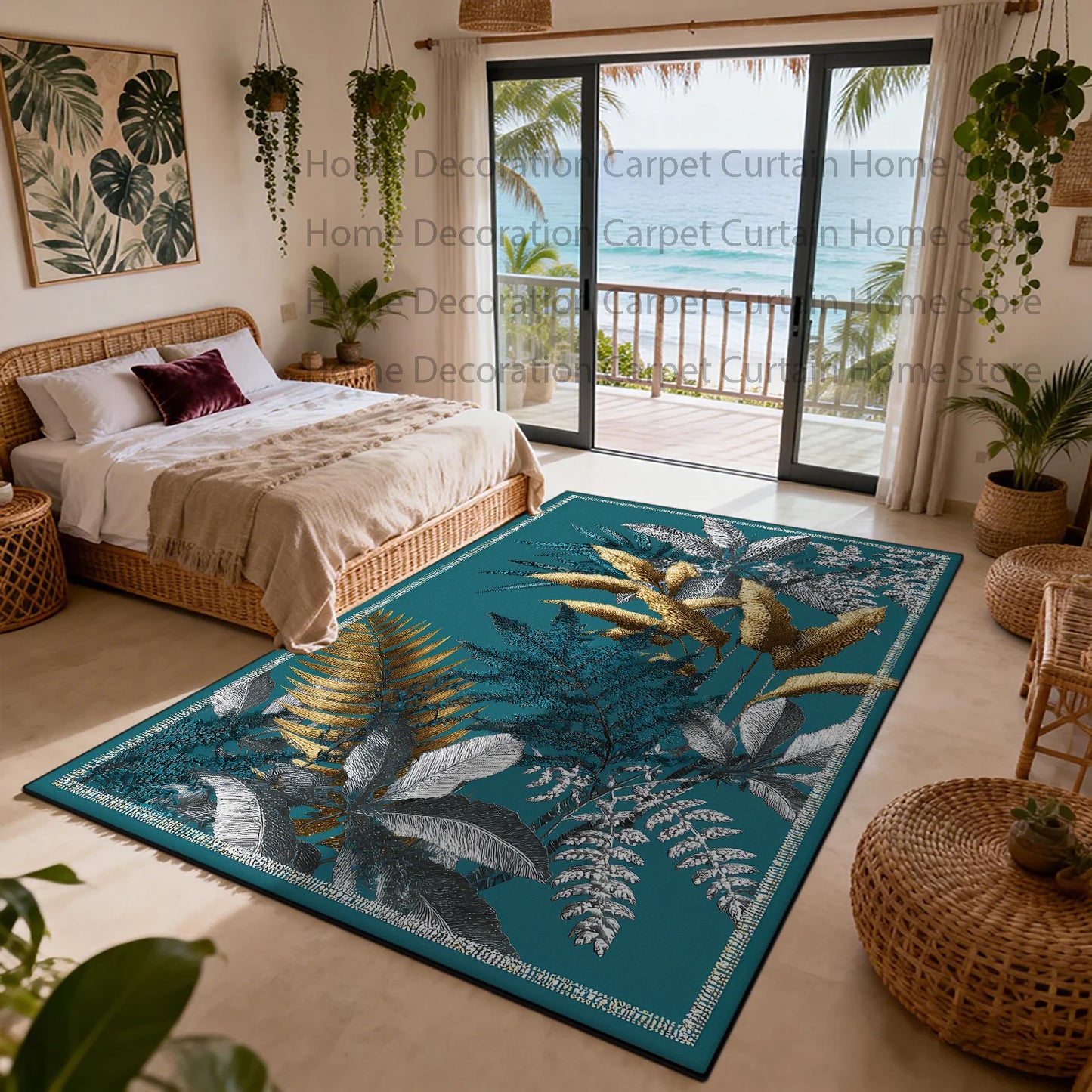 Nordic Plant Pattern Non Slip Rug Soft Polyester Floor Mat