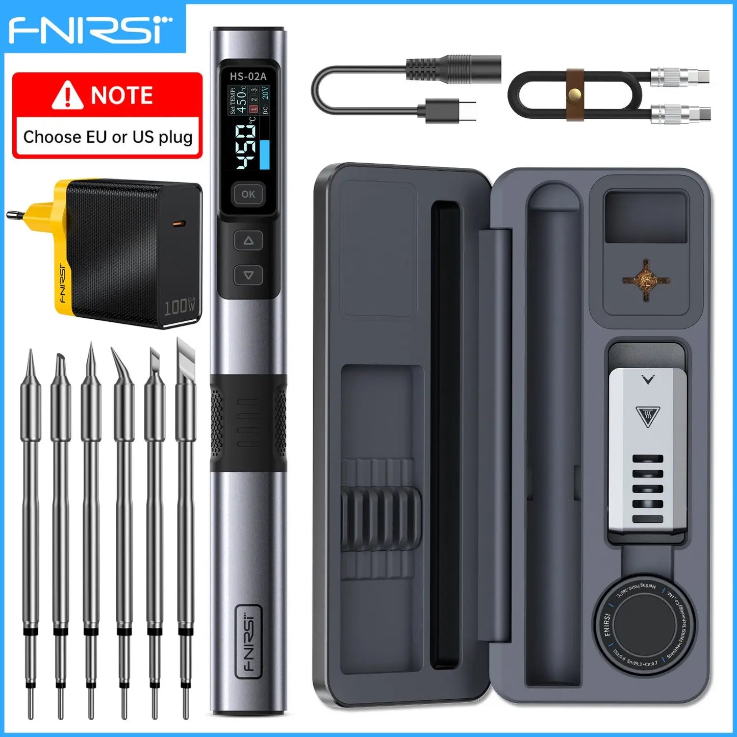 FNIRSIC HS-02 Adjustable Temperature Soldering Iron PD 100W Solder Rework Station 100-450 C